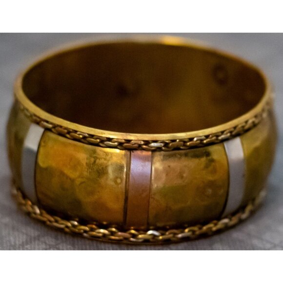 8 inch, Vintage Geometric Pattern Gold Tone Medieval Bangle - GX9 - Picture 2 of 3